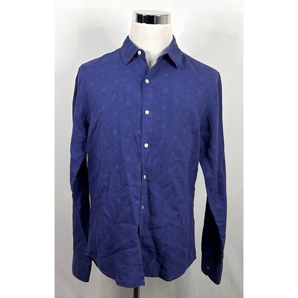 Bonobos Large Slim Fit Shirt 100% Linen Blue Floral Palm Tree Button Front - Picture 2 of 5